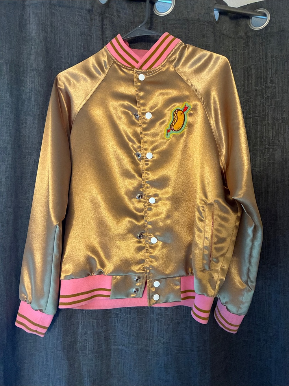 Tuesday Bassen Hot Dog Cherubs Gold Satin Bomber Jacket